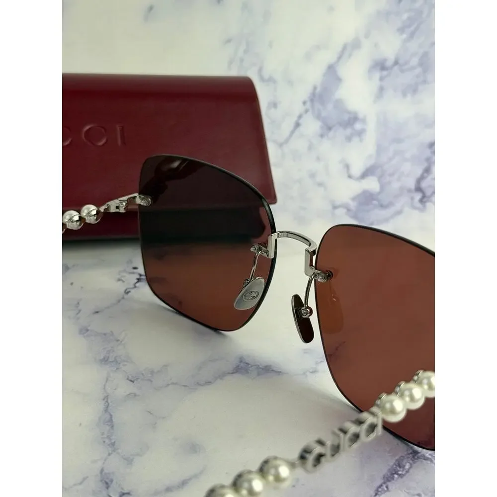 NEW Gucci GG1923SA Silver Red Square Pearl Sunglasses